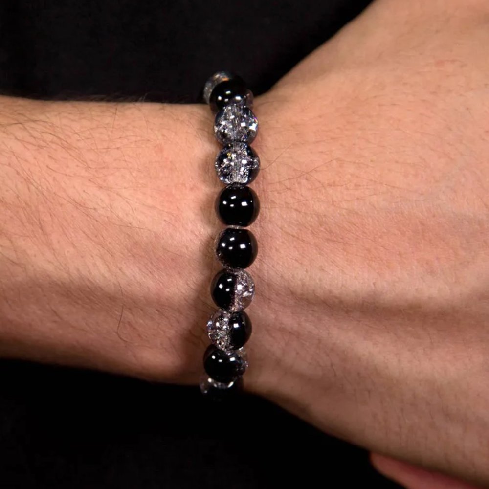 Unisex Black & Clear Crackle Glass Beaded Stretch Bracelet NEW